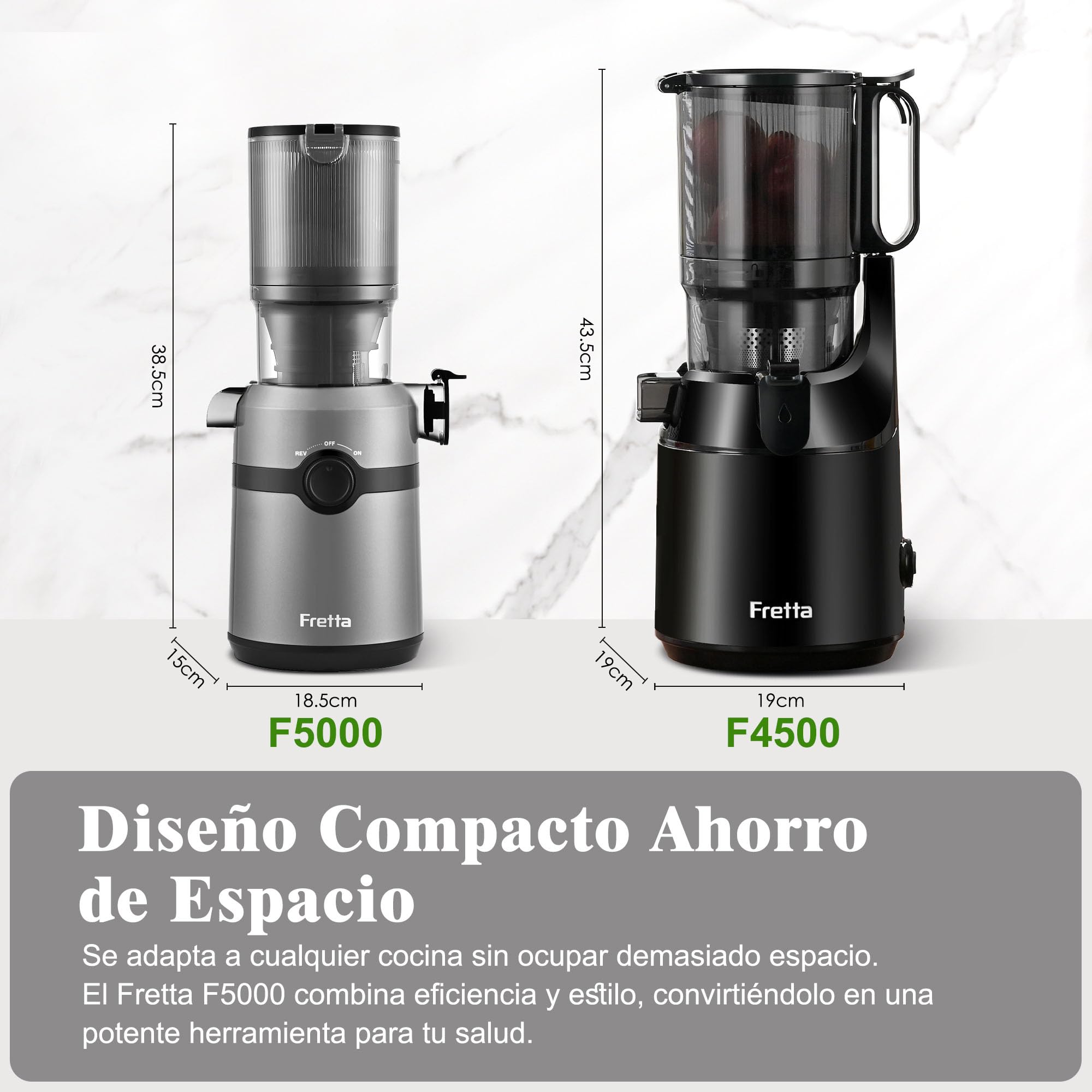Fretta Extractor de Zumos y Verduras, Apertura de 108MM y Capacidad de 1L, Licuadora Prensado en Frio para Verduras Frutas Enteras, 200W Slow Juicer Machine, Fácil Montaje y Limpieza, Sin BPA (Gris)