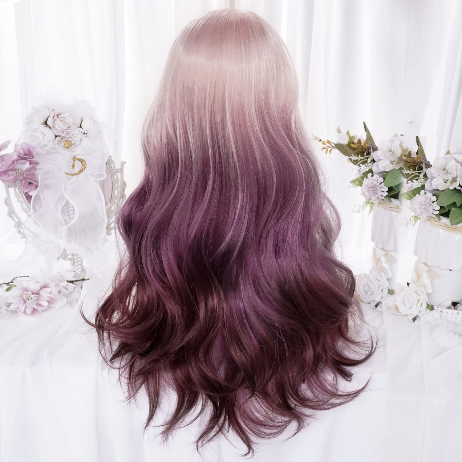 XiongXiongLe Long Wave Curly Hair Costume Wig Harajuku Style Women Gold Purple Gradient High Temperature Silk Wig for Adult Female Music Festival Themed Parties Halloween Wedding