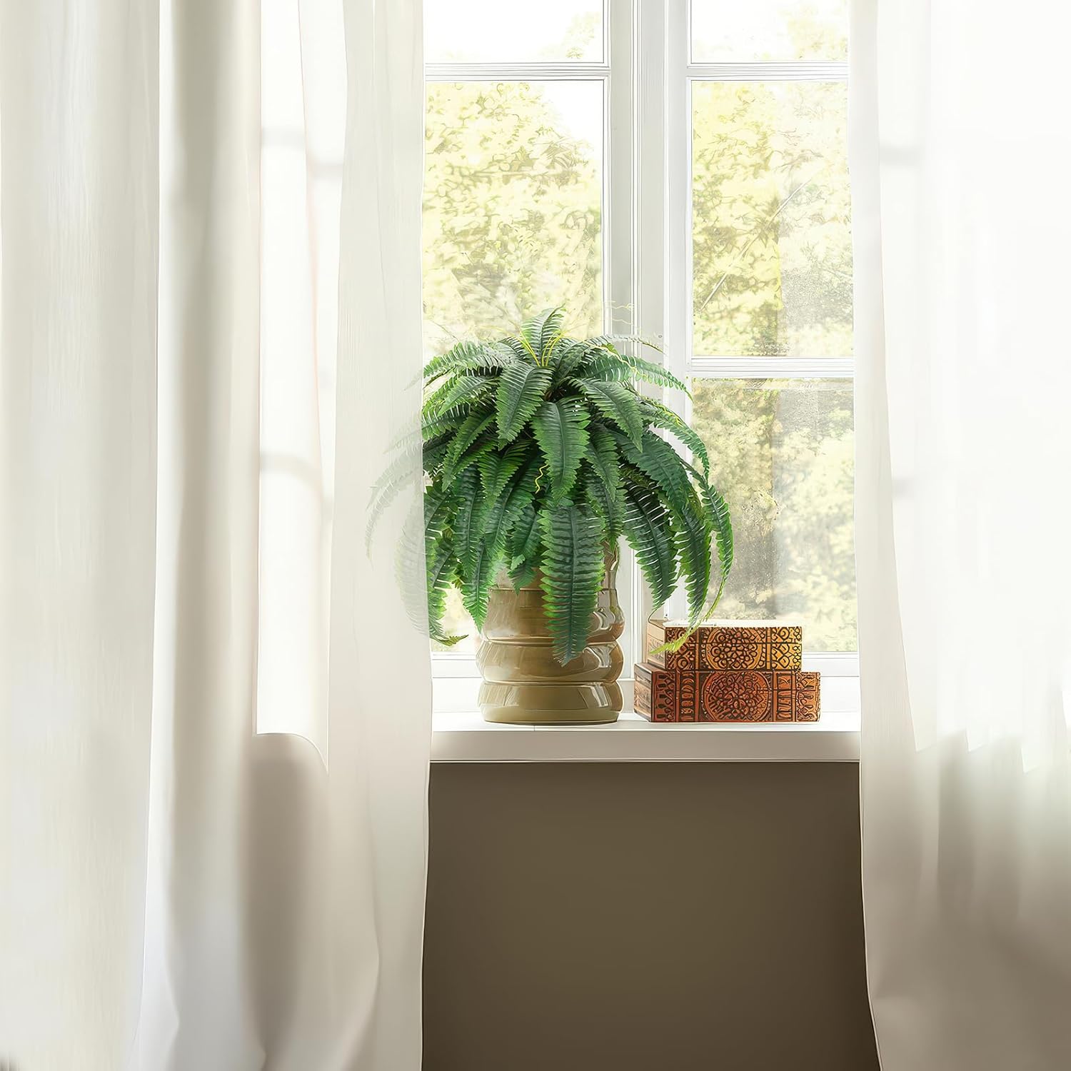 Fake Plants Artificial Boston Fern Bush - 2PCS 45Inch Fake Ferns with 55 Fronds, Large Hanging Faux Plants Decor, Faux Fern Vines Silk Greenery for Outdoor Indoor, Porch, Farms, Patio, Office - Image 9