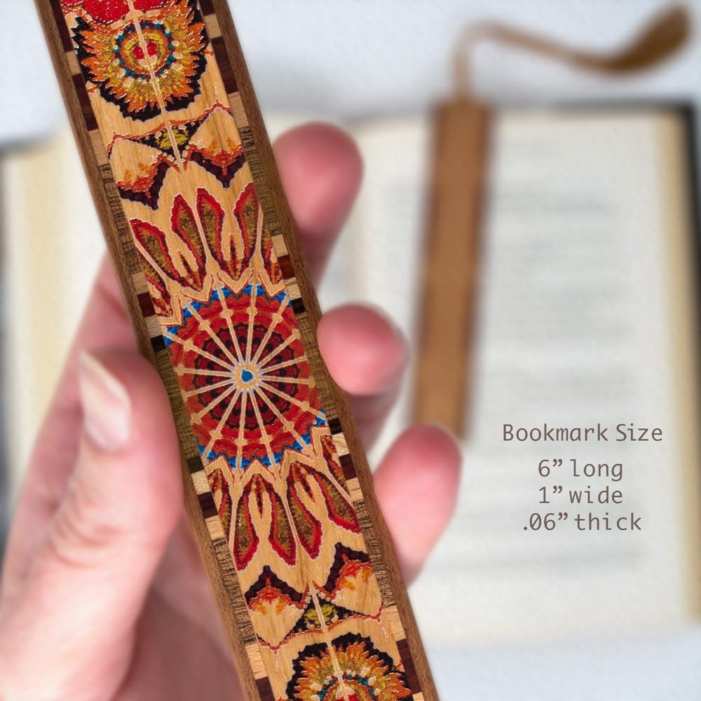 Kaleidoscope Personalized Wooden Bookmark | Colorful Symmetry Design | Handmade Wood Bookmark with Brown Ultrasuede Tassel | Made in the USA
