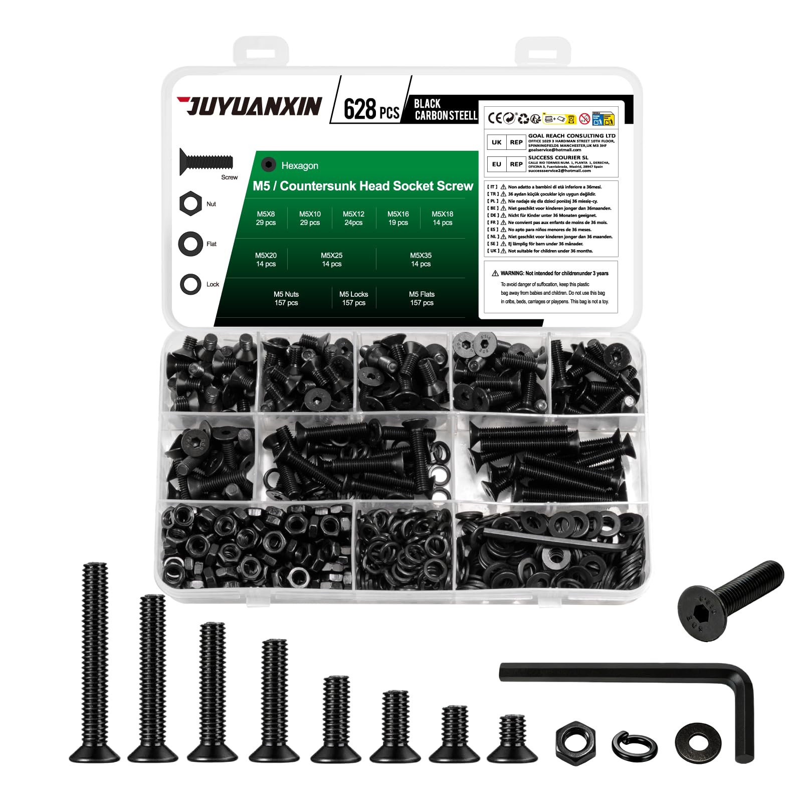 628 Pcs M5 Countersunk Bolts and Nuts Sets, Flat Head Hex Socket Head Cap Screws Assortment Kit, Carbon Steel Countersunk Machine Screws Assorted Nuts and Bolts with Washers (M5-628)