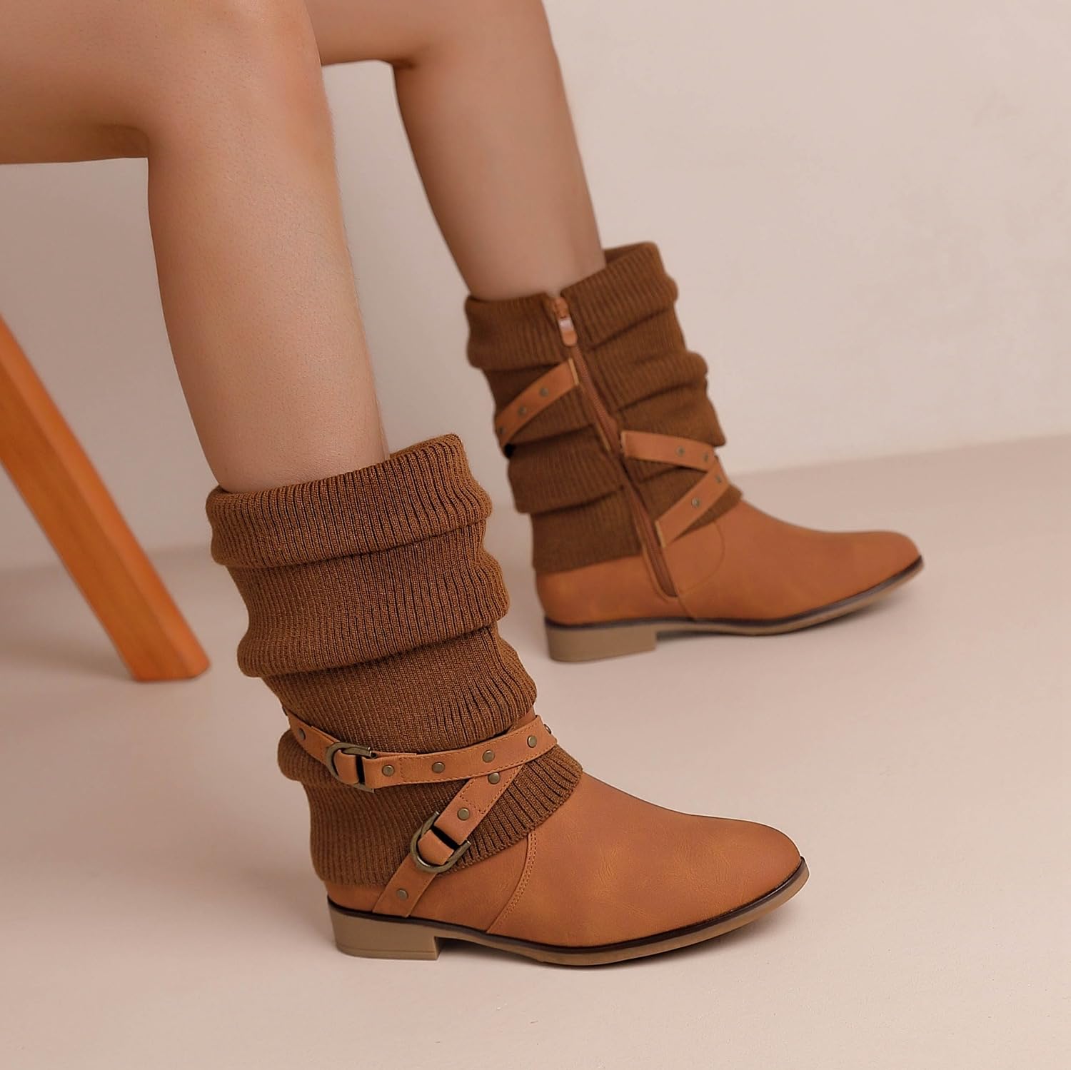 Pogolino Damen Stiefeletten Strick flach Stiefel gefüttert Boots