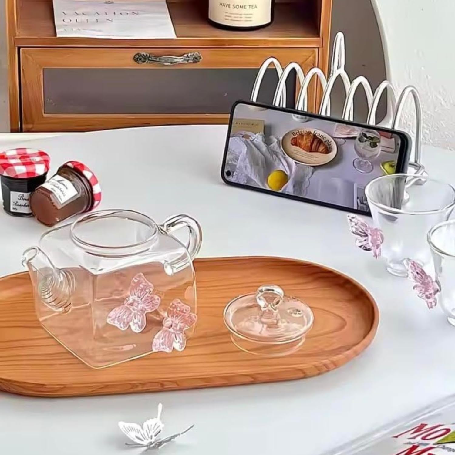 Angich Butterfly Embossed Borosilicate Glass Teapot Set with 2 Cups Elegant Clear Kettle for Tea & Beverages | Heat-Resistant, Lightweight & Stylish Design 4