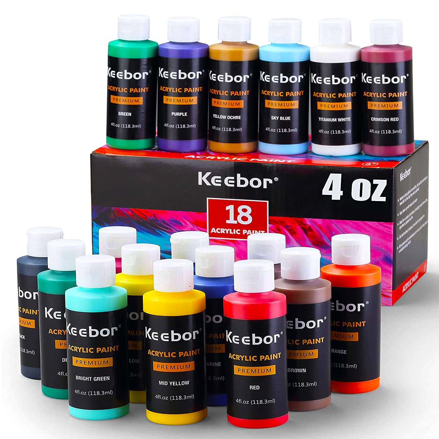 Acrylic Paint Set of 18 Colors, 4oz/Bottle, Rich Pigments, Premium Acrylic Paints for Adults, Artist, Beginners and Kids