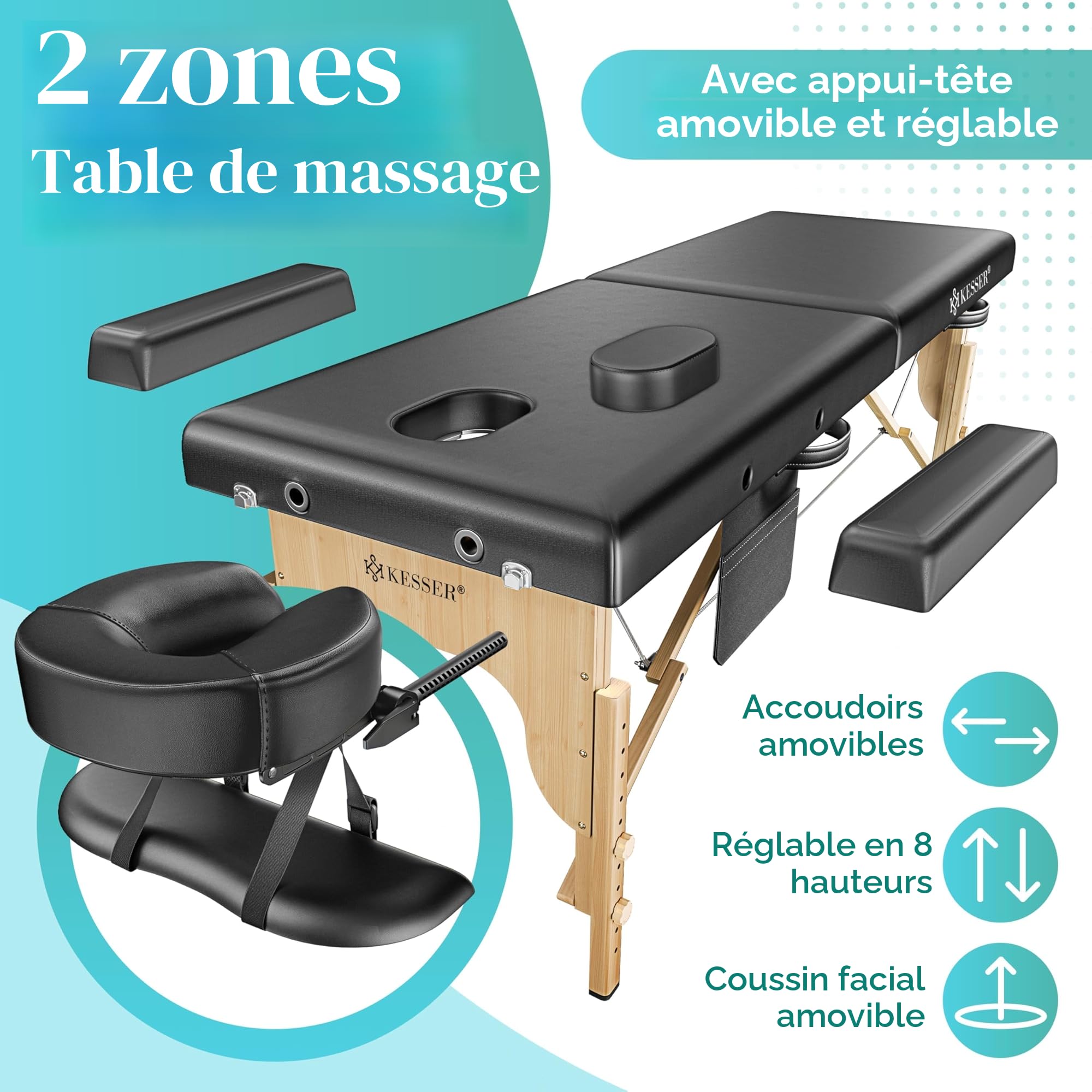 Kesser Table de massage mobile avec pieds en bois pliables et réglables en hauteur (max. 250 kg), 2 zones, large table thérapeutique, appui-tête