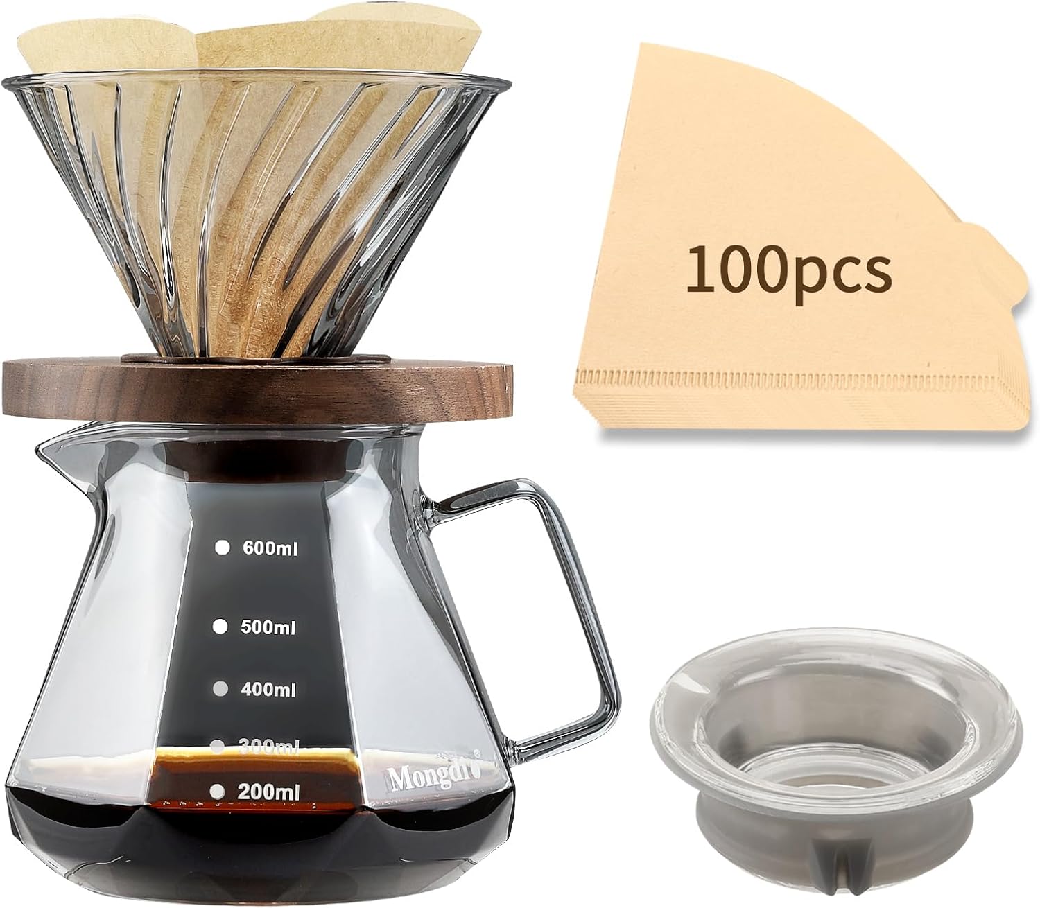 Mongdio Pour Over Coffee Maker, 20 oz High-Heat Borosilicate Glass Coffee Maker with 100pcs Paper Filters, Walnut Handle & Glass Lid, Drip Coffee Maker Set for Home Café Restaurant – 600ml, Gray