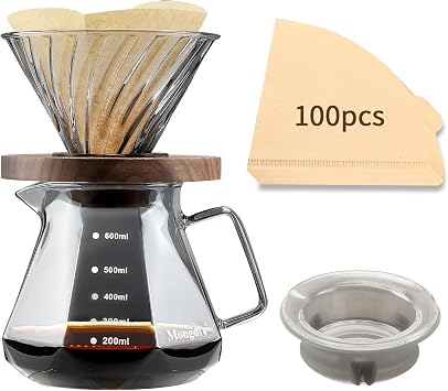 Mongdio Pour Over Coffee Maker, 20 oz High-Heat Borosilicate Glass Coffee Maker with 100pcs Paper Filters, Walnut Handle & Glass Lid, Drip Coffee Maker Set for Home Cafe Restaurant - 600ml, Gray