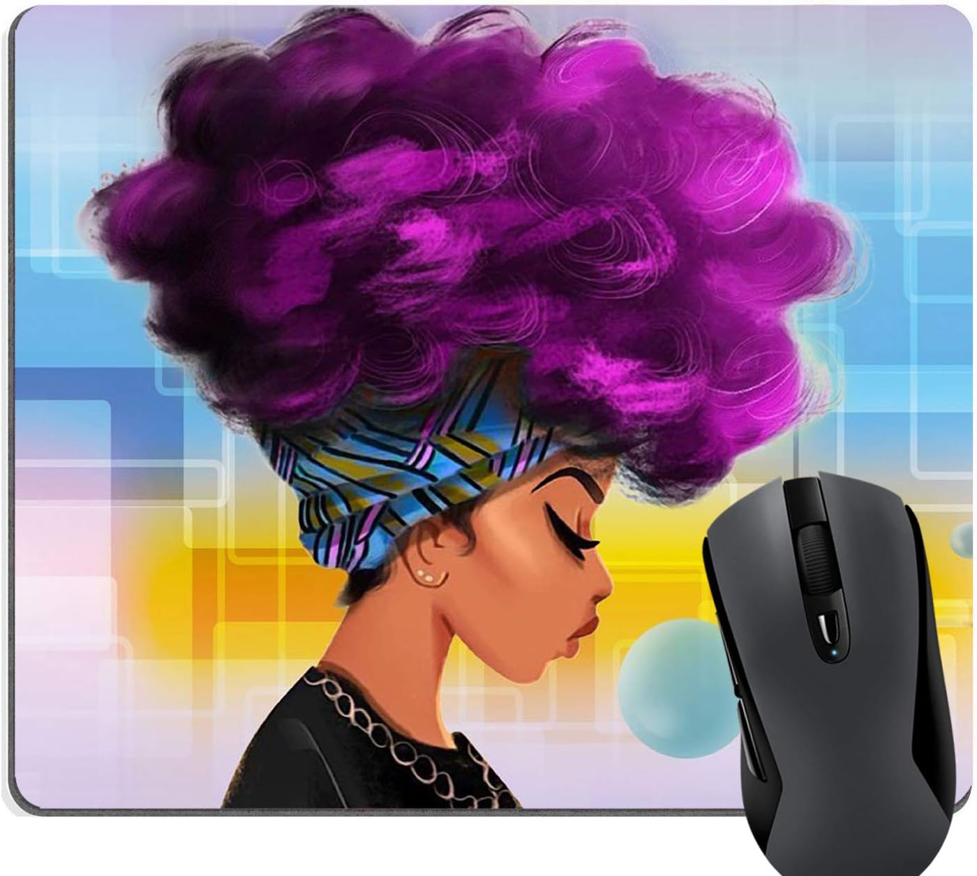 Wknoon African Women with Purple Hair Fashion Hairstyle Mouse Pad Custom Design, Beautiful African Girl Cute Bubbles Mouse Pads Cute Funny Mousepad 9.5 X 7.9 Inch (240mmX200mmX3mm)