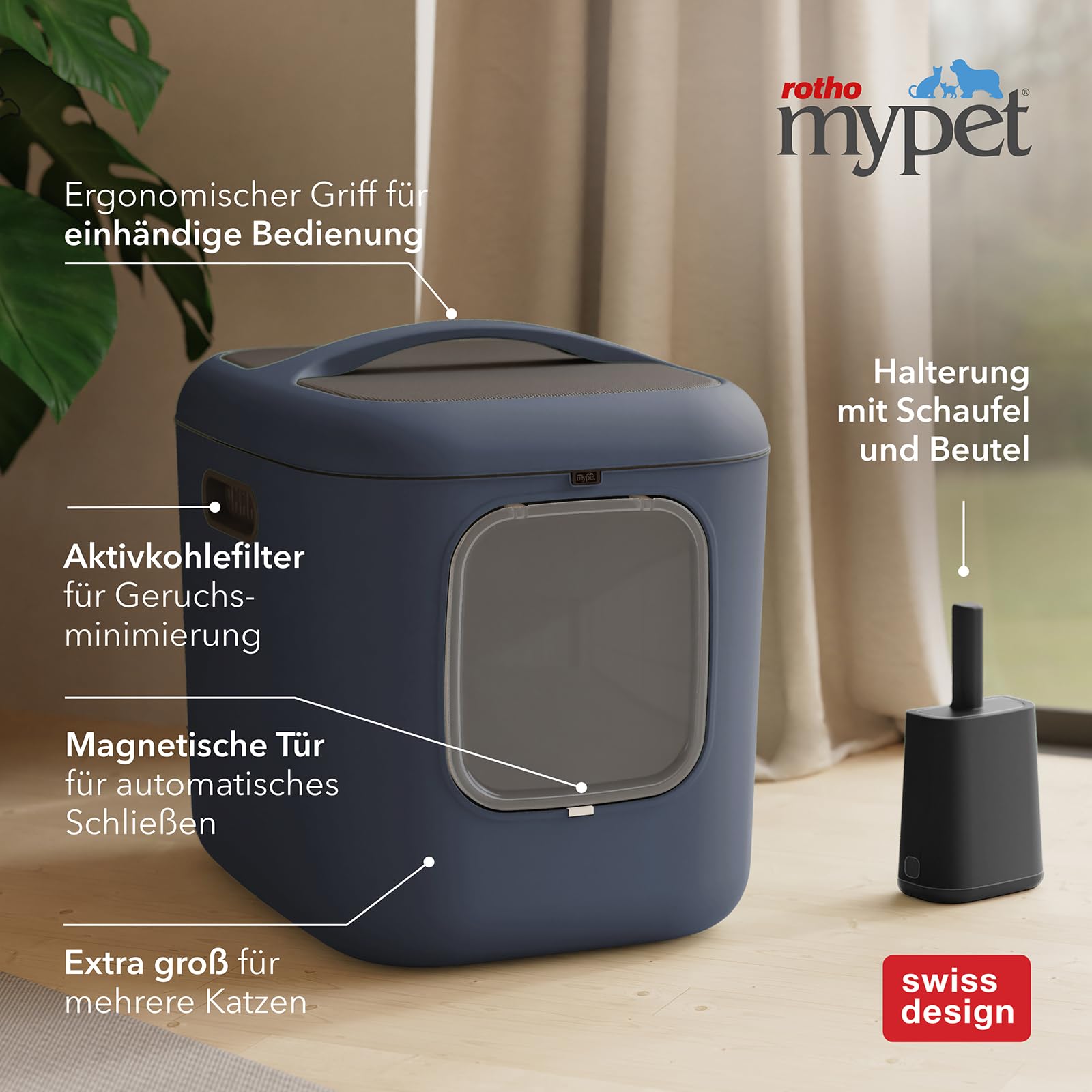 Rotho MyPet BEA XXL - Caja de Arena para Gatos con Capucha y Pala (Polipropileno Reciclado) (Azul)