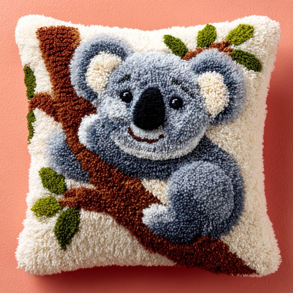 Taxpy DIY Latch Hook Kits, Koala Pillow with Printed Canvas Handmade Cushion Crochet Yarn Embroidery Hook and Latch Kit Pillowcase 43x43cm