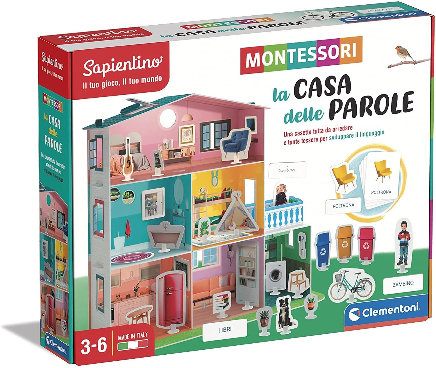 Clementoni Sapientino Montessori - La Casa delle Parole, Gioco Educativo con Tessere Illustrate, Metodo Montessoriano, Imparare Parole, Bambini 3-6 Anni, Made in Italy, Lingua Italiana, 16343