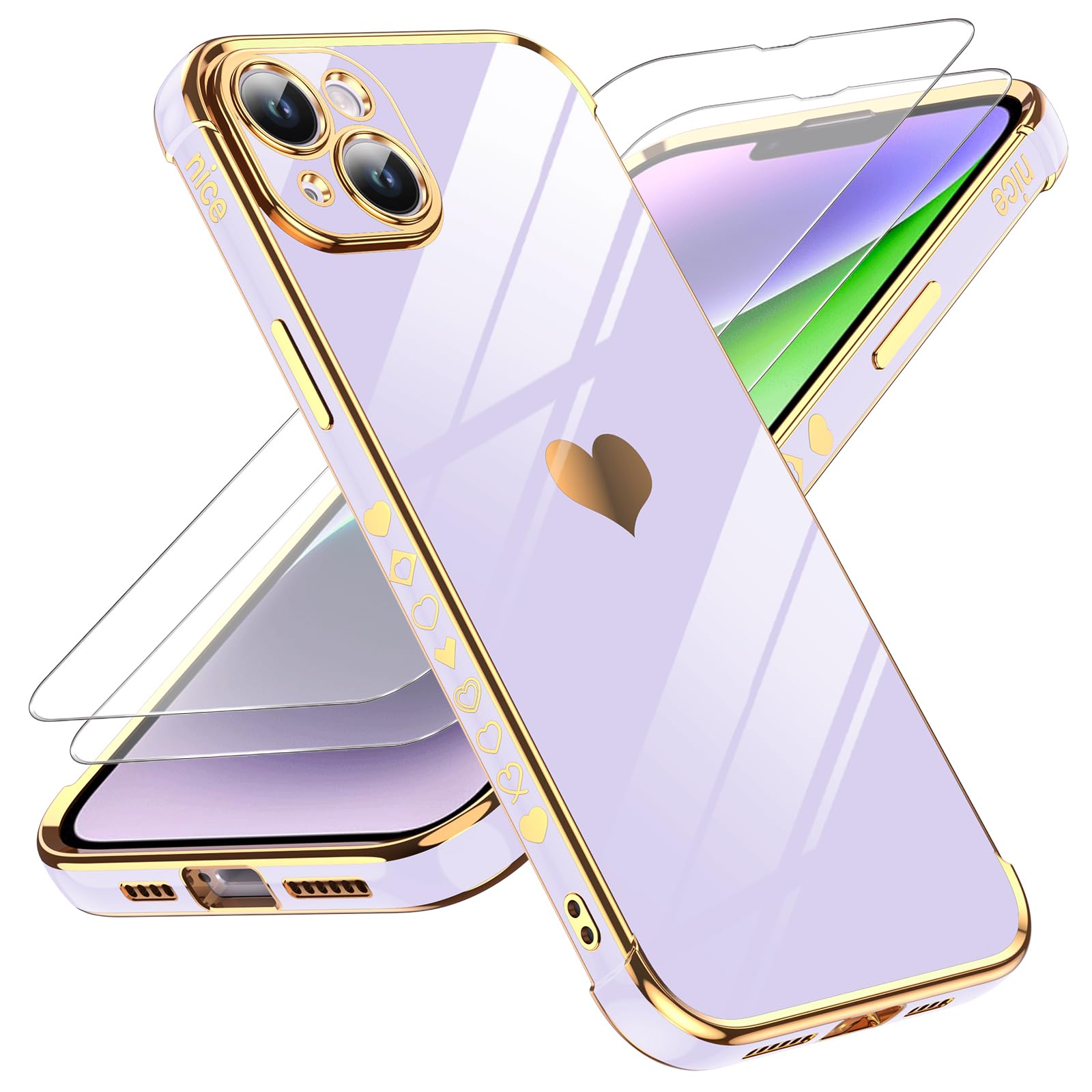 LeYi for iPhone 14 Plus Case: with Tempered Glass Screen Protector [2 Pcs]+ Full Camera Lens Protection,Love Heart Plating...
