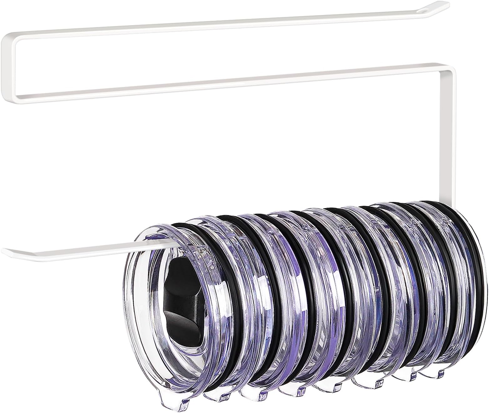 Tumbler Lid Organizer, Horizontal Tumbler Lid Storage Hook Up to 10 Lids, Space Saving Cup Lid Holders Under Cabinet Tumbler Lid Hook for Kitchen Organizer and Storage, Paper Towel Rack Hanger (White)