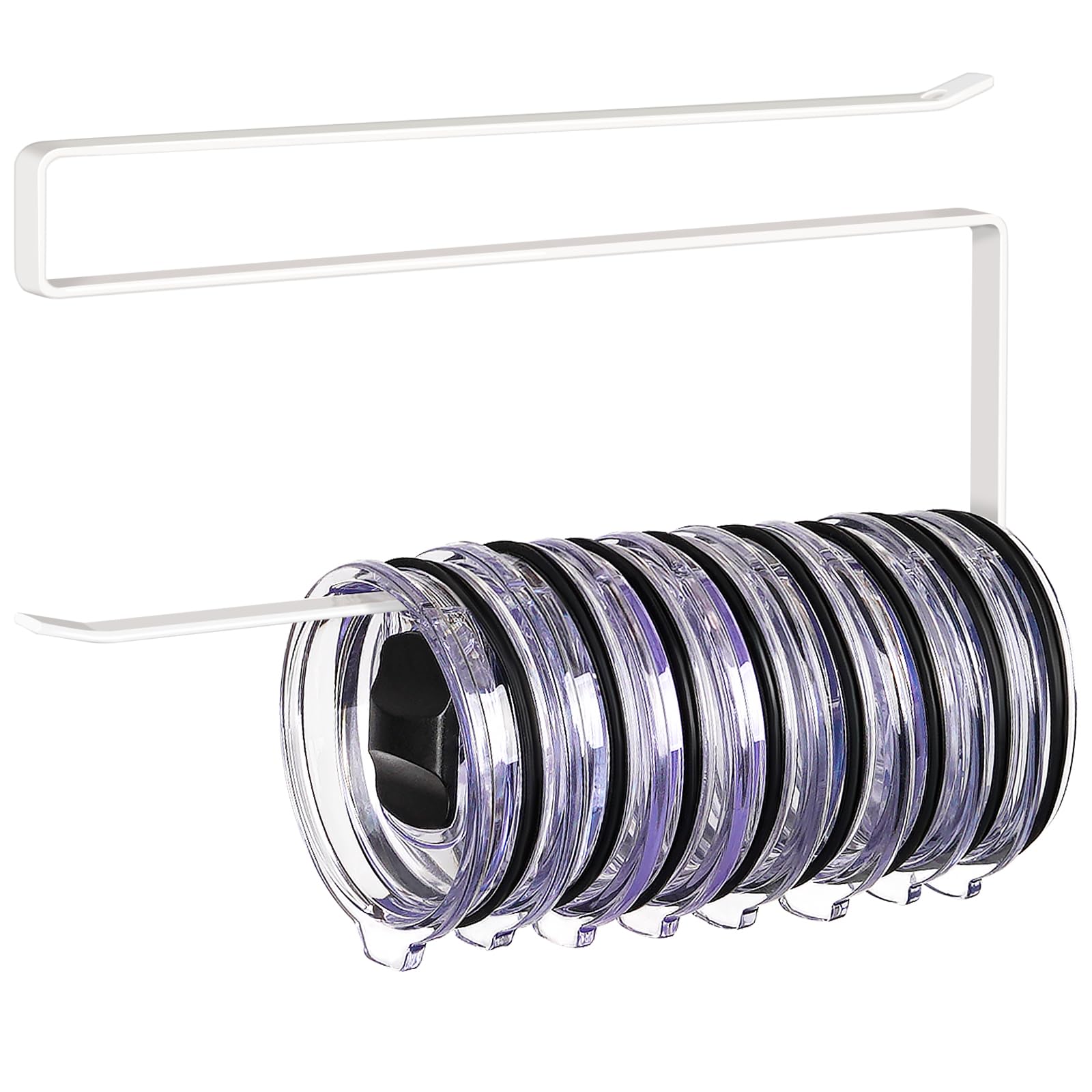 Tumbler Lid Organizer, Horizontal Tumbler Lid Storage Hook Up to 10 Lids, Space Saving Cup Lid Holders Under Cabinet Tumbler Lid Hook for Kitchen Organizer and Storage, Paper Towel Rack Hanger (White)