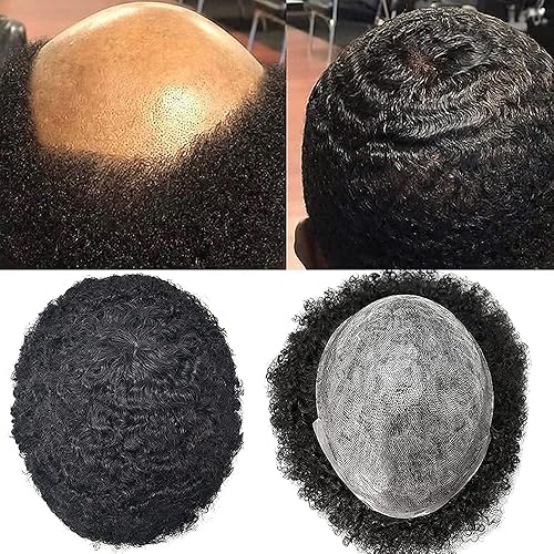 Miniatura 6 de Afro Toupee - Extensiones de pelo brasileño de poliuretano sintético rizado para hombres afroamericanos (onda de 0.394in, #1B negro apagado)