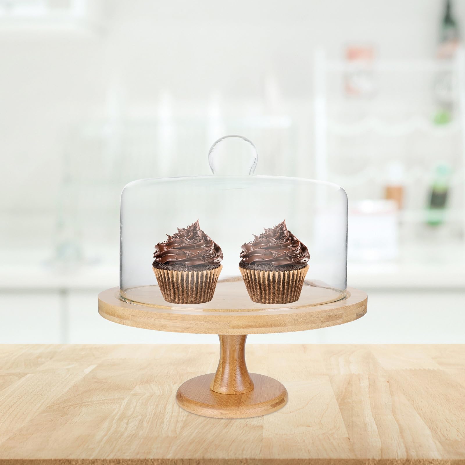 Espositore per Torte in Vetro e Legno Riutilizzabile e Facile da Pulire con Base Kaki, Vassoio per Dolci per Compleanni e Pasticcerie, Set da 1