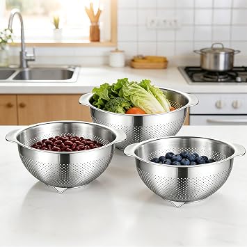 Colander Strainer,Stainless Steel Colander for Kitchen,3 Pcs Colanders and Strainers(23+25+27cm), Colander Sieve with Handle &Food Strainer for Washing Pasta, Veg, Fruit & Rice,Dishwasher Safe