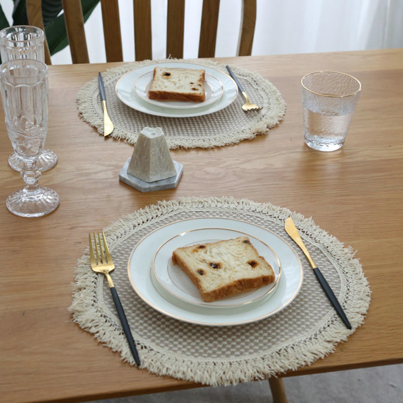 Platzset 8 Stück, Platzdeckchen Rund 30CM rutschfest Gewebte mit Gitter und Quaste Platzdeckchen für Glastisch