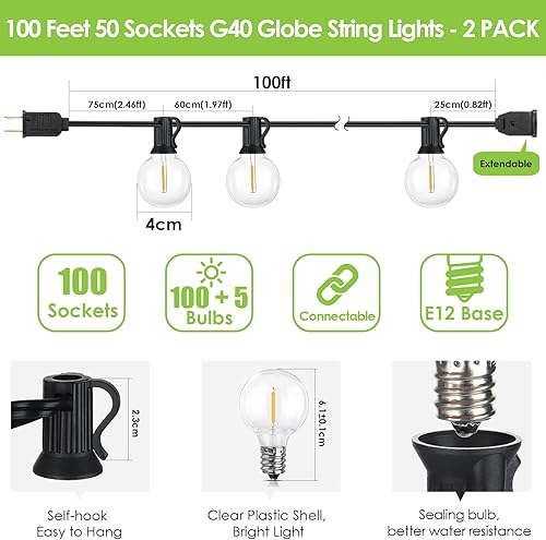 Miniatura 4 de Mlambert Tira de luces LED de 200 pies (2 x 100 pies), para exteriores, impermeable, regulable, G40, luces de patio con 100+5 bombillas para balcón,