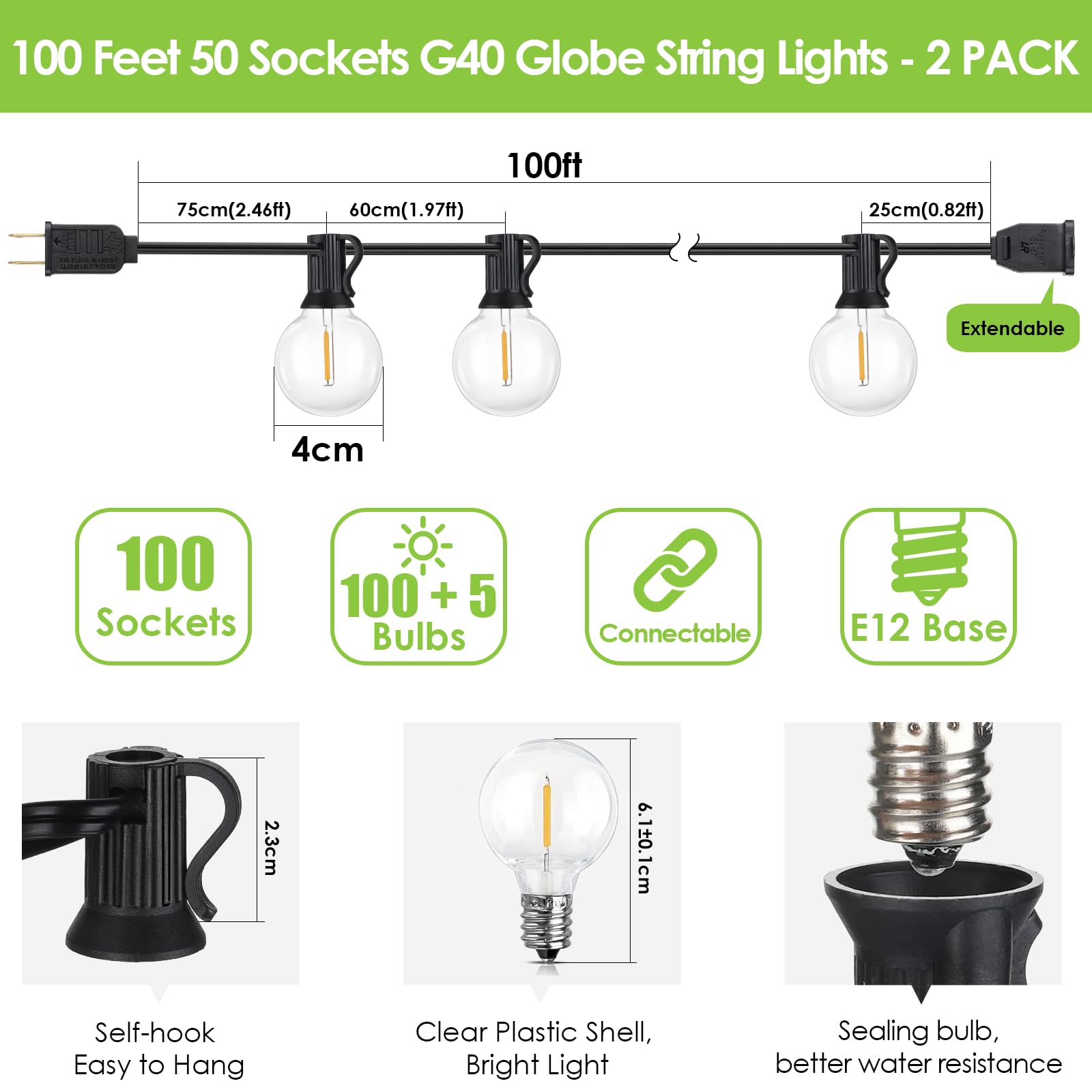 Mlambert - Cadena de luces LED para exteriores de 200 pies (2 x 100 pies), impermeable, regulable, G40, con 100+5 bombillas para balcón, cenador, pérgola, cable negro