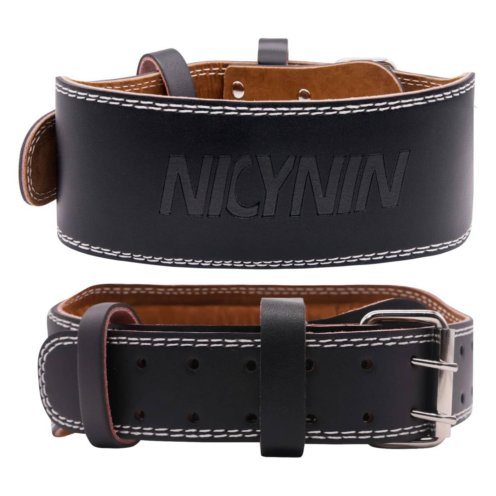 Nicynin Leather Weight lifting Belt for Men - 6 Inch Padded Lumbar Back Support Belts, Workout Waist Brace for Weightlifting Powerlifting Deadlifts Squat Strength Training Fitness