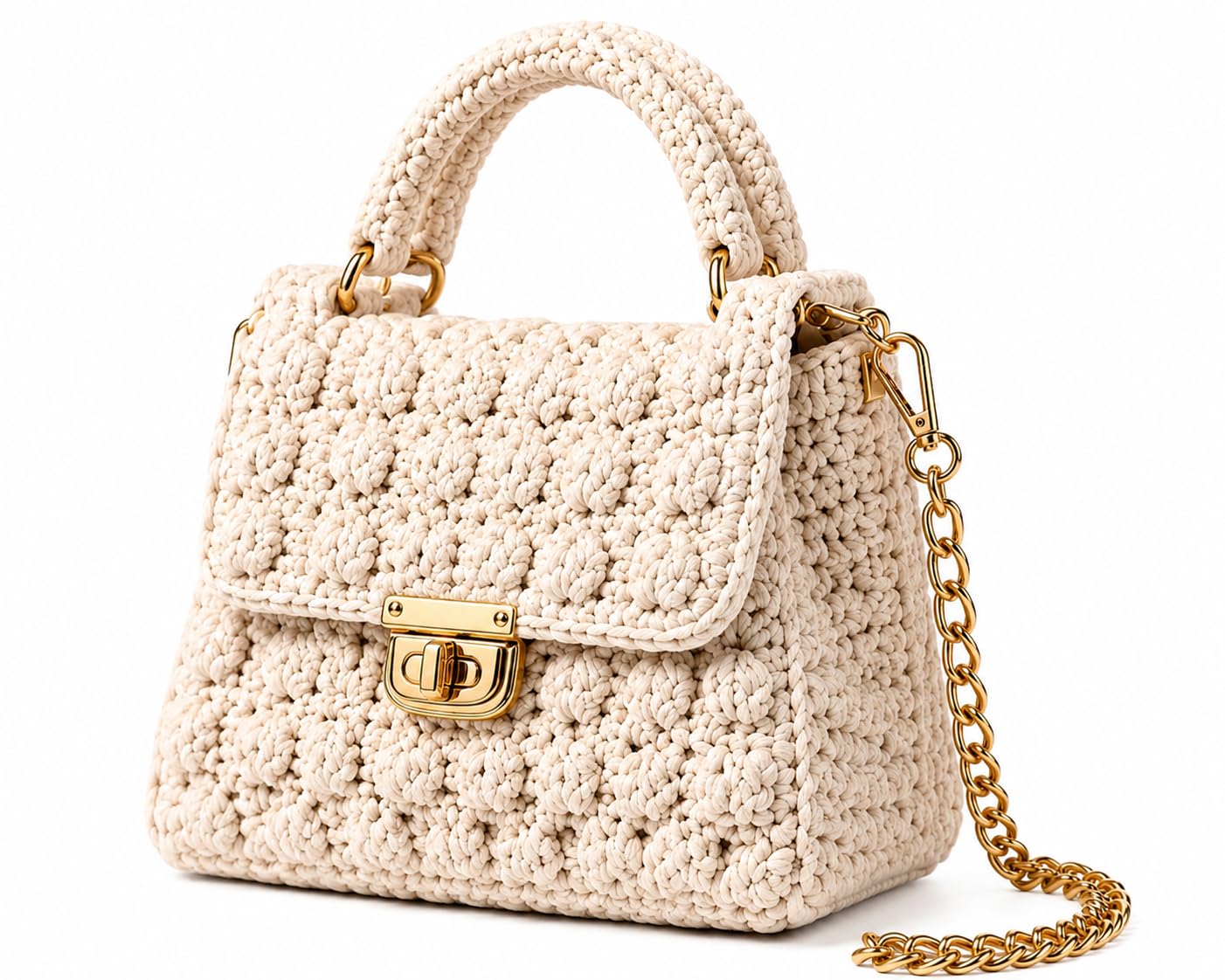 Handmade Crochet Handbag Ivory Bubble Stitch with Gold Chain-picture-50