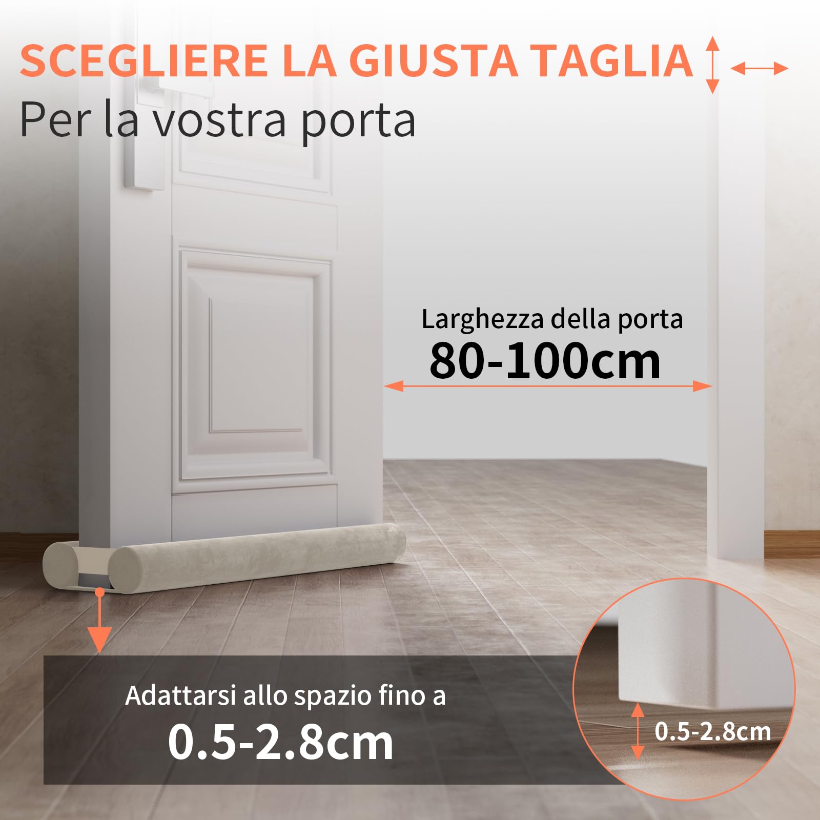 BKSAI Paraspifferi per Porte Guarnizione Inferiore Porte Senza Colla | Paraspifferi Doppia Guarnizione Isolante Termico Insonorizzato Antivento, Paraspifferi Sottoporta per Porte 80-100 cm Beige
