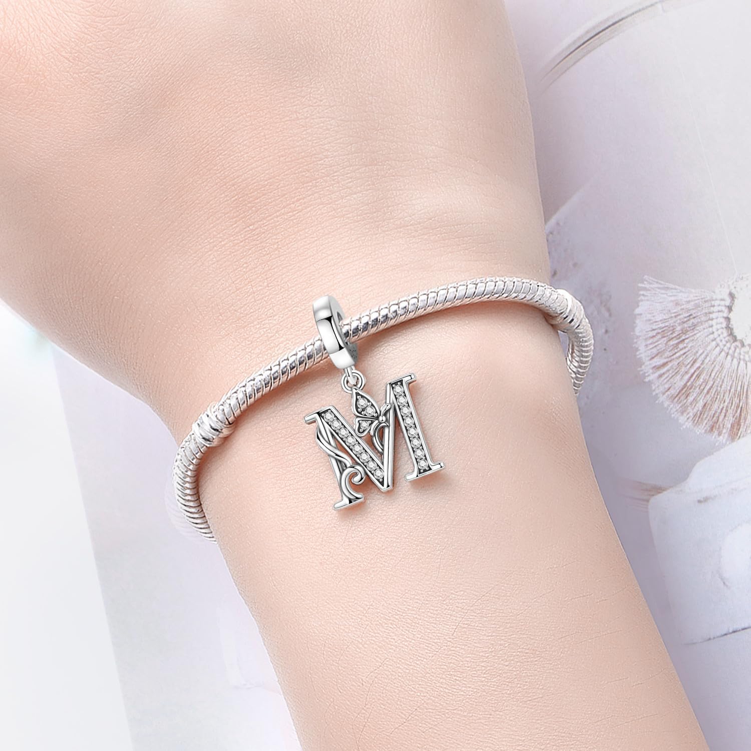 PANPOKI 2 Pack 925 Sterling Silver Butterfly Letter Charms for Bracelets and Necklace Alphabet Initial Dangle Pendants Round Spacer Beads Pave Cubic Zirconia Jewelry Gift for Women - Image 5