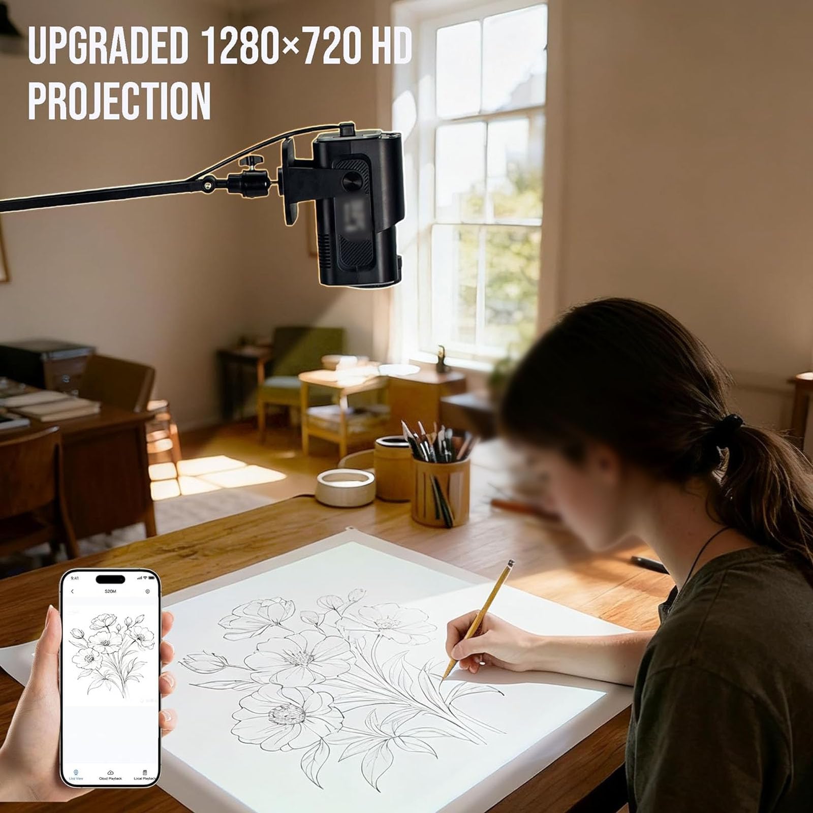 Projektor Artystyczny HD 1280x720P, Bezprzewodowe Sterowanie Pilotem | Krystalicznie czysta projekcja z regulowanym rozmiarem obrazu, pilot do obsługi bez użycia rąk