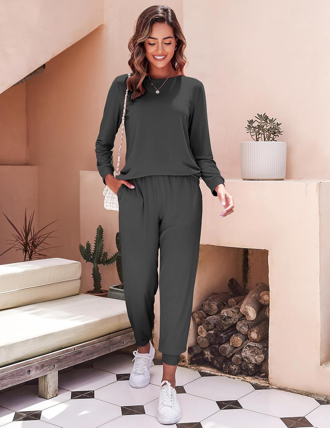 Ekouaer Women's Pajama Sets Casual 2Pcs Sleepwear Long Sleeve Pullover Tops Long Joggers Pants with Pockets - Image 4