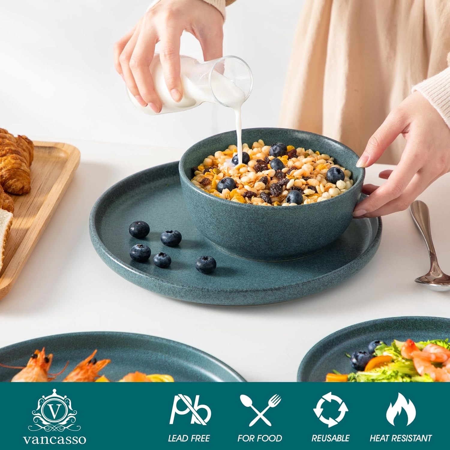 vancasso ZERMATT Plates and Bowls Sets for 6, 18 Pieces Stoneware Dinnerware Set for Kitchen, Chip Resistant Reactive Glaze Dishes Set for 6, Dishwasher & Microwave Safe, Blue