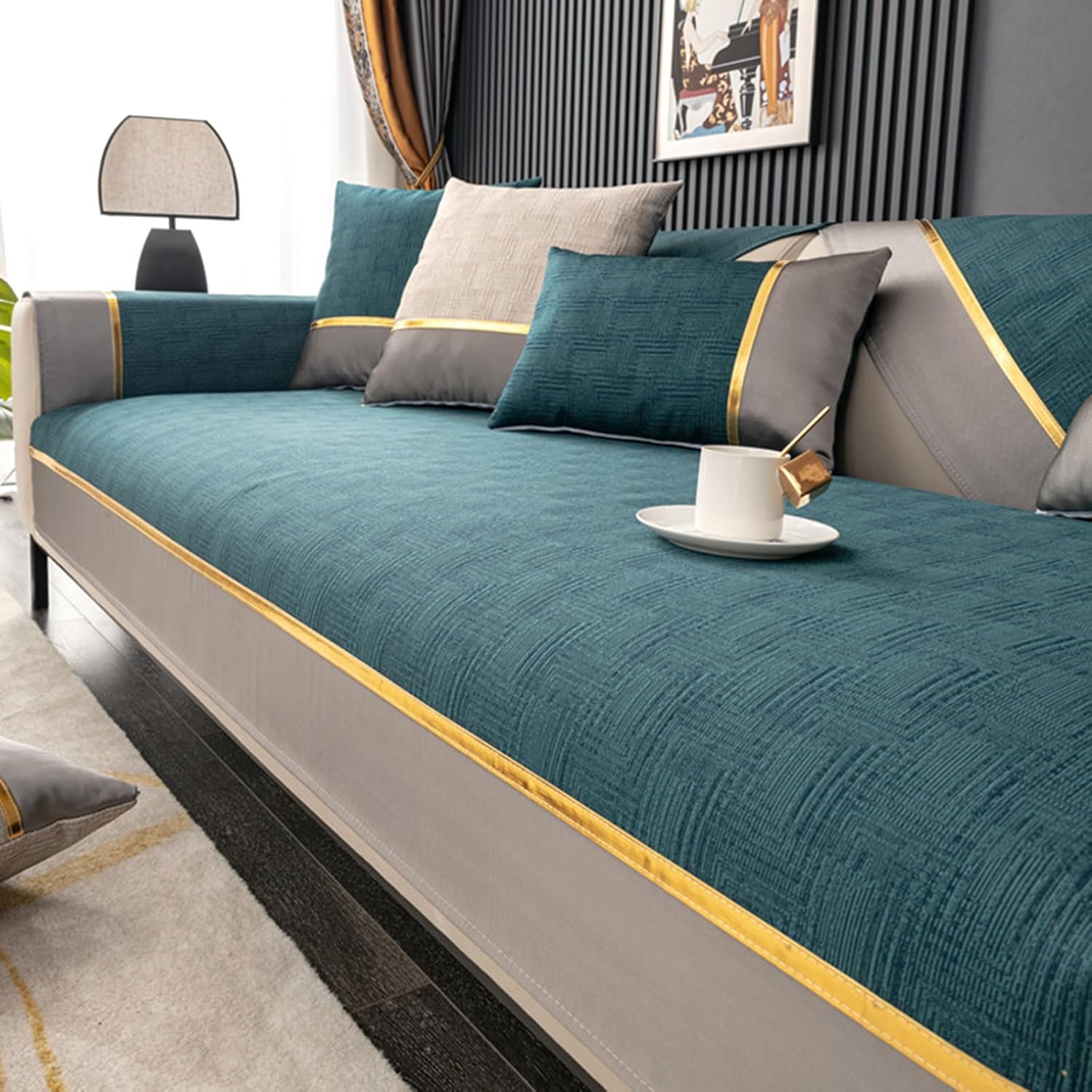 Luxury Sofa Covers L/U Shaped Corner Non-Slip Sofa Slipcovers 1 2 3 4 Seat Polyester Couch Cover for Leather/Wooden/Fabric Sofas Cat Dog Anti-Scratch Blanket for Balcony(90X160cm,Green)