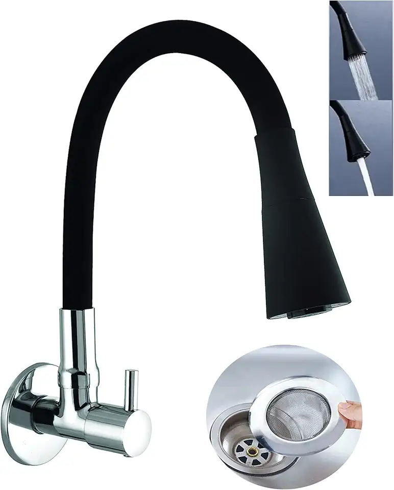 Torneira Gourmet de Cozinha Parede Preta Flexível – Bica Móvel com 2 Jatos (Spray e Fluxo) – Acionamento 1/4 de Volta – Misturador Moderno para Pia, Alta Durabilidade e Design Premium (1 Peça)
