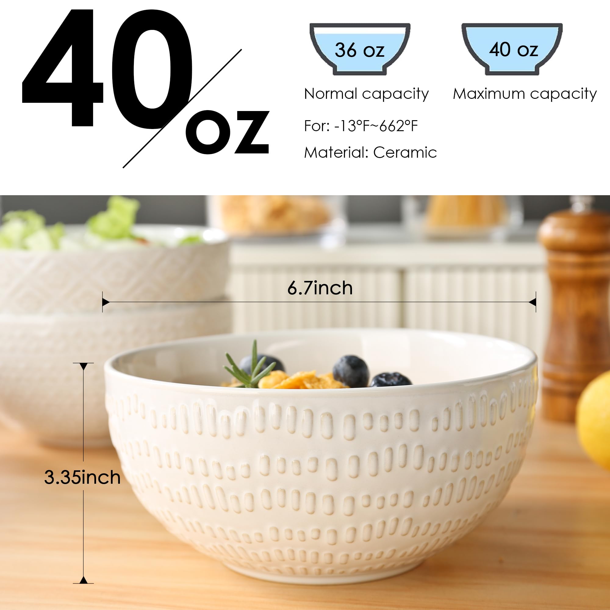 Große Müslischalen, Bauernhaus-Prägung, Keramik, Salatschüsseln für Suppe, Servieren, Obst, Snack, Nudeln, Ramen, Pho, Mikrowellen- und spülmaschinenfest, 17,5 cm, Weiß, 4 Stück