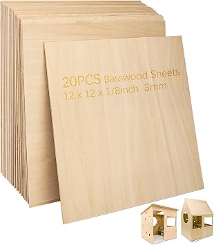 صفائح باسوود 1/8 "- صفائح من الخشب الرقائقي 3 مم ، 12 &times; 12 بوصة من خشب الباسو غير مكتملة للحرف اليدوية ، قطع الليزر ، النقش ، فنون الأعمال اليدوية ، رسم 20 عبوة