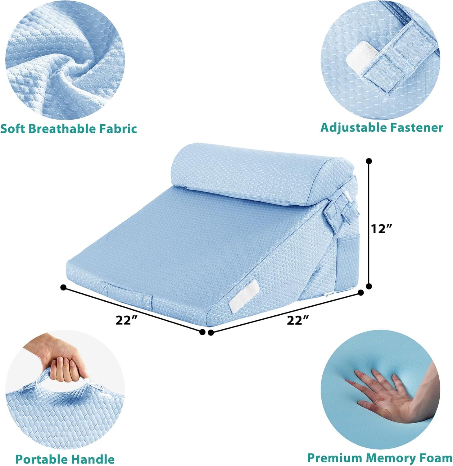 bedluxe 3pcs orthopedic bed wedge pillow set, foam wedge pillow post surgery for back, leg and knee support, adjustable 9&12 inch folding triangle pillow for sleeping, acid reflux, snoring, light blue light blue adjustable 9&12 inch + 1 head pillow
