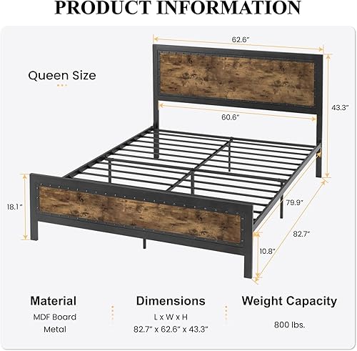 Miniatura 2 de SHA CERLIN Base de cama de metal gris tamaño Queen, base de plataforma de madera industrial con cabecera de remache y estribo, no necesita somier