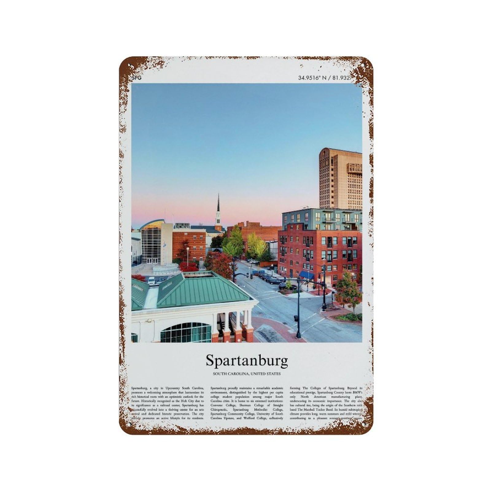 xiaoxiaoshen Spartanburg South Carolina, United States, USA City Scenery Wall Decor Art Metal Tin Poster Modern Home Decor Art Home Bar Shop Decorations Vintage Sign 30x20cm