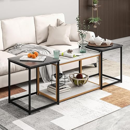 KOTEK Juego de 3 mesas auxiliares anidables de mármol sintético con marco de metal resistente, mesa central cuadrada con almacenamiento, mesas