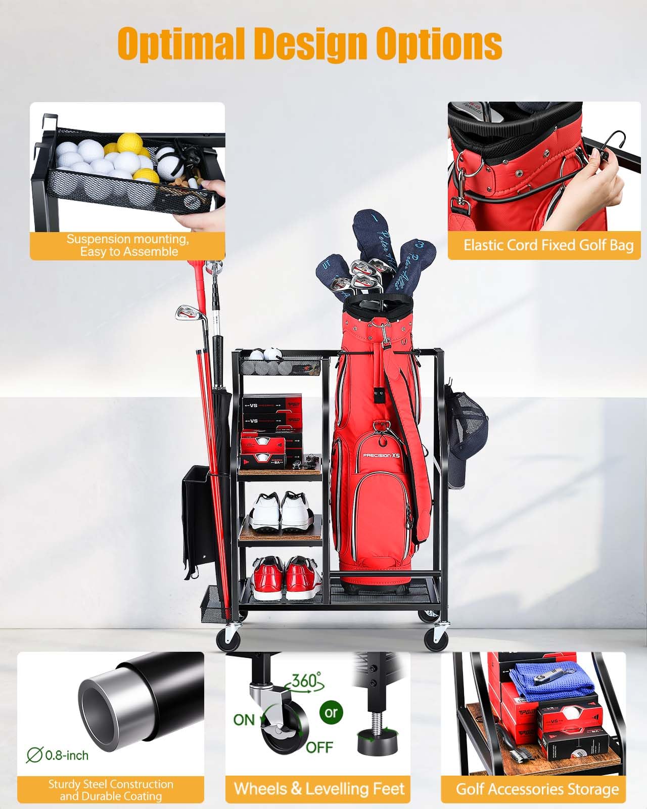 EXTCCT Organizer per borse da golf, supporto per borse da golf, accessori per attrezzature da golf, rack con ruote, mazze da golf, organizzatori per attrezzi da golf