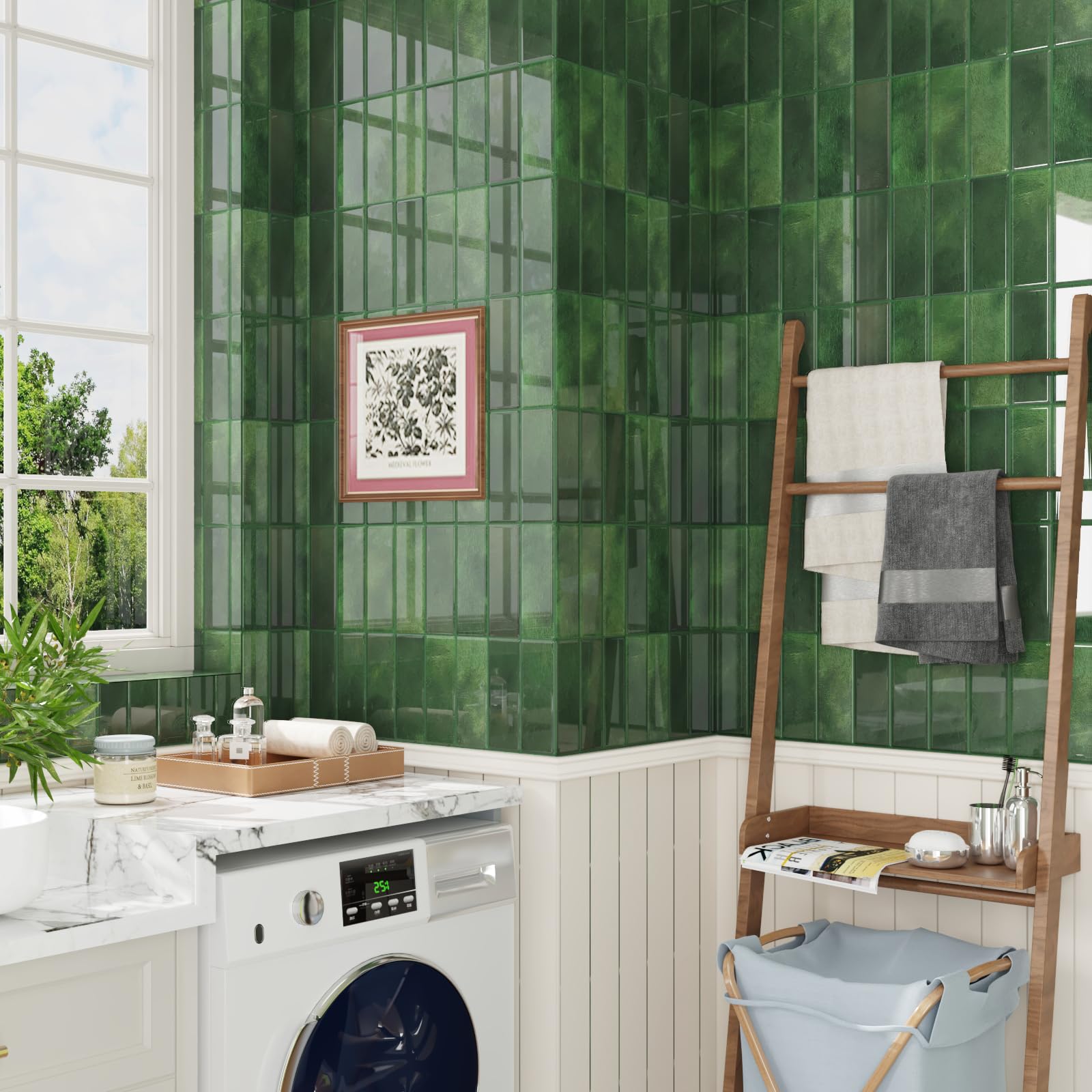CRE8TIVE 16 Pezzi Piastrelle Adesive Effetto Marmo Verde Mattonelle Adesive Cucina Autoadesiva Rettangolare Paraschizzi Cucina Piastrelle Adesive Bagno Impermeabile per Lavanderia 30.5cm x 30.5cm