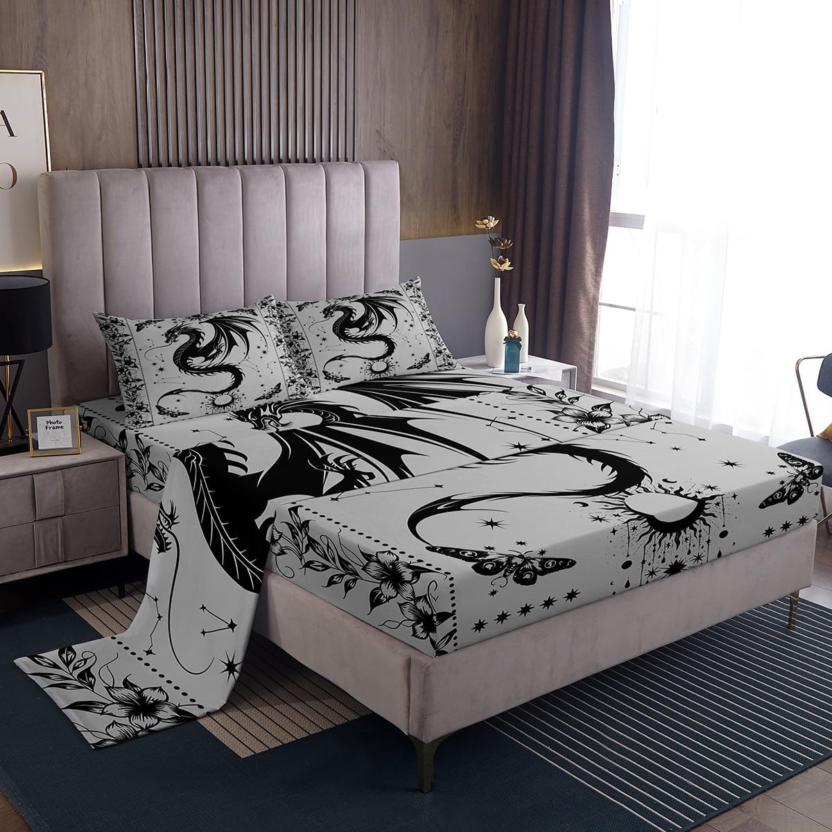 Gray Black Bohemian Bed Sheet Queen Set,Gothic Moth Flower Galaxy Sheet Sets Adults Bedroom Decor,Dragon Bedding Set with Flat,Fitted Sheet,2 Pillow Cases