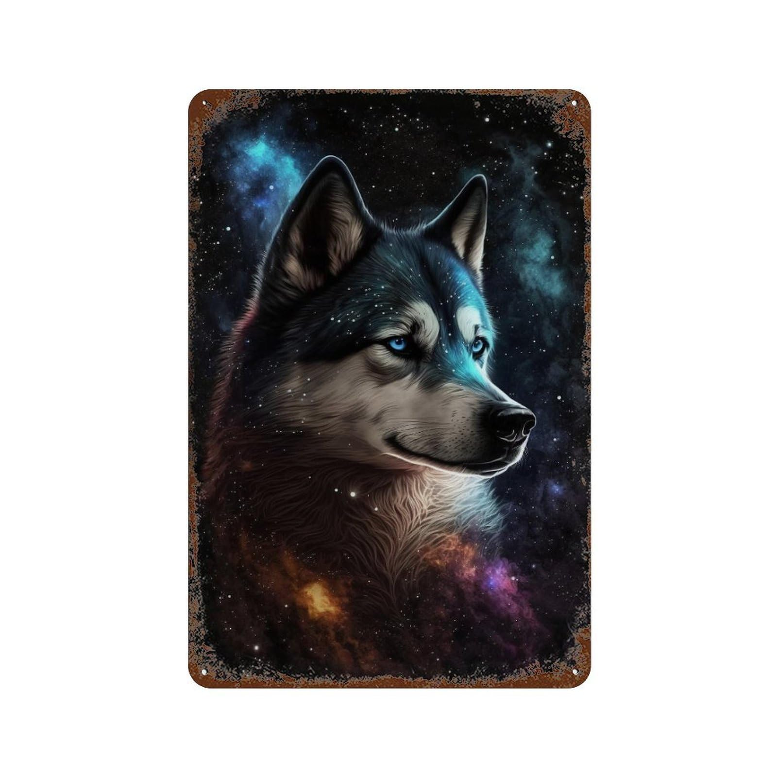 Galactic Wolf Portrait-6 Aged Metal Wall Plaque 11.8"x7.9", Ideal for Patio, Garden Room And Bar Decor