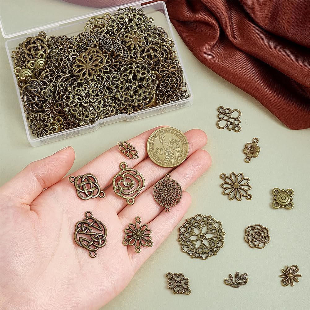PH PandaHall 150PCS Flower Connector Charms - 15 Styles, Antique Bronze, Alloy, Universal, Unisex, Valentine's Day, Nature Themed, Jewelry Making Charm Pendants - Image 3