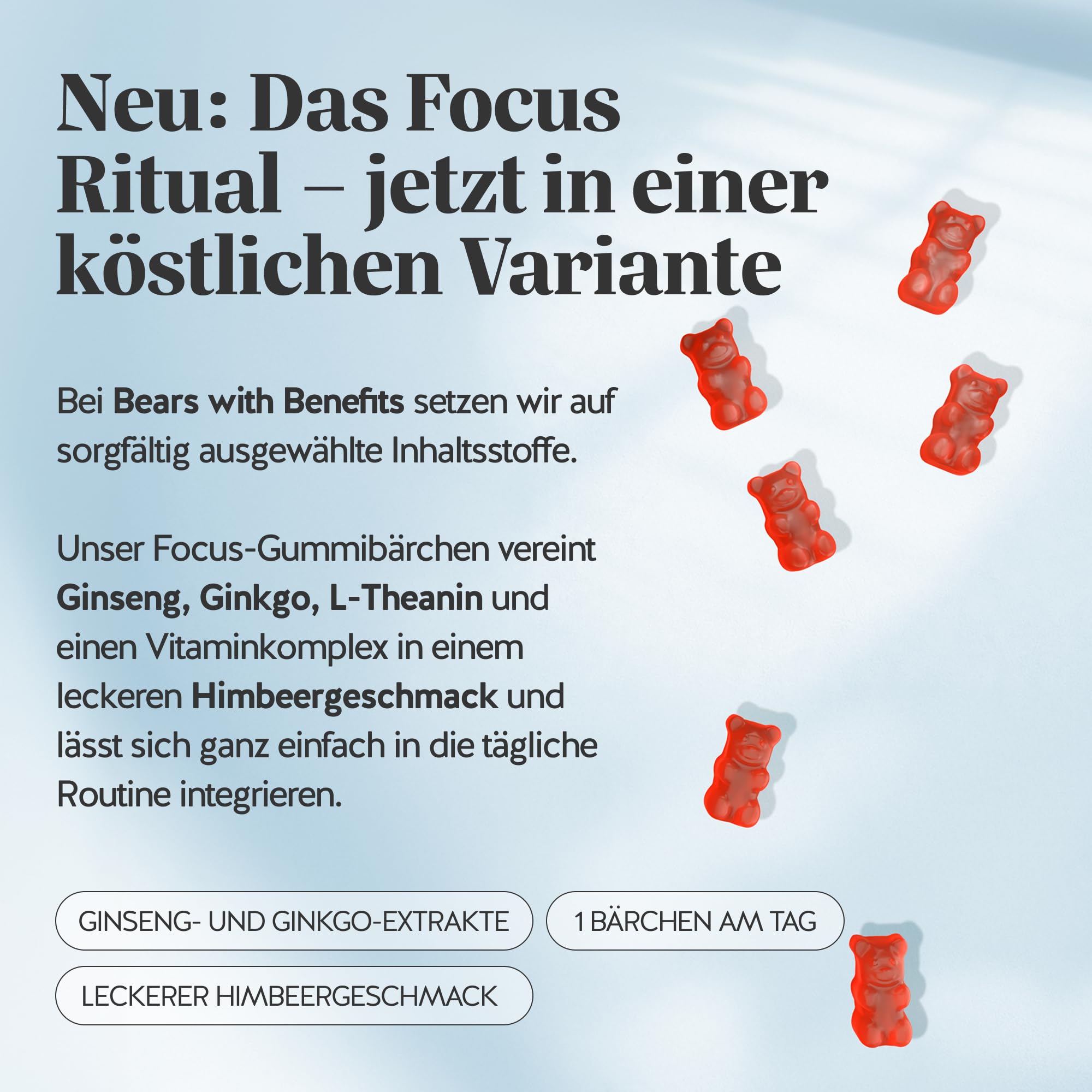 Bears with Benefits - Gummibärchen Ginseng - Konzentration - 90 Stück | Mind Fuel Brain - Ginseng, Ginkgo, L-Theanin, Vitamin B6, B12, C & Niacin - Vorrat für 3 Monate - Zuckerfrei, Vegan
