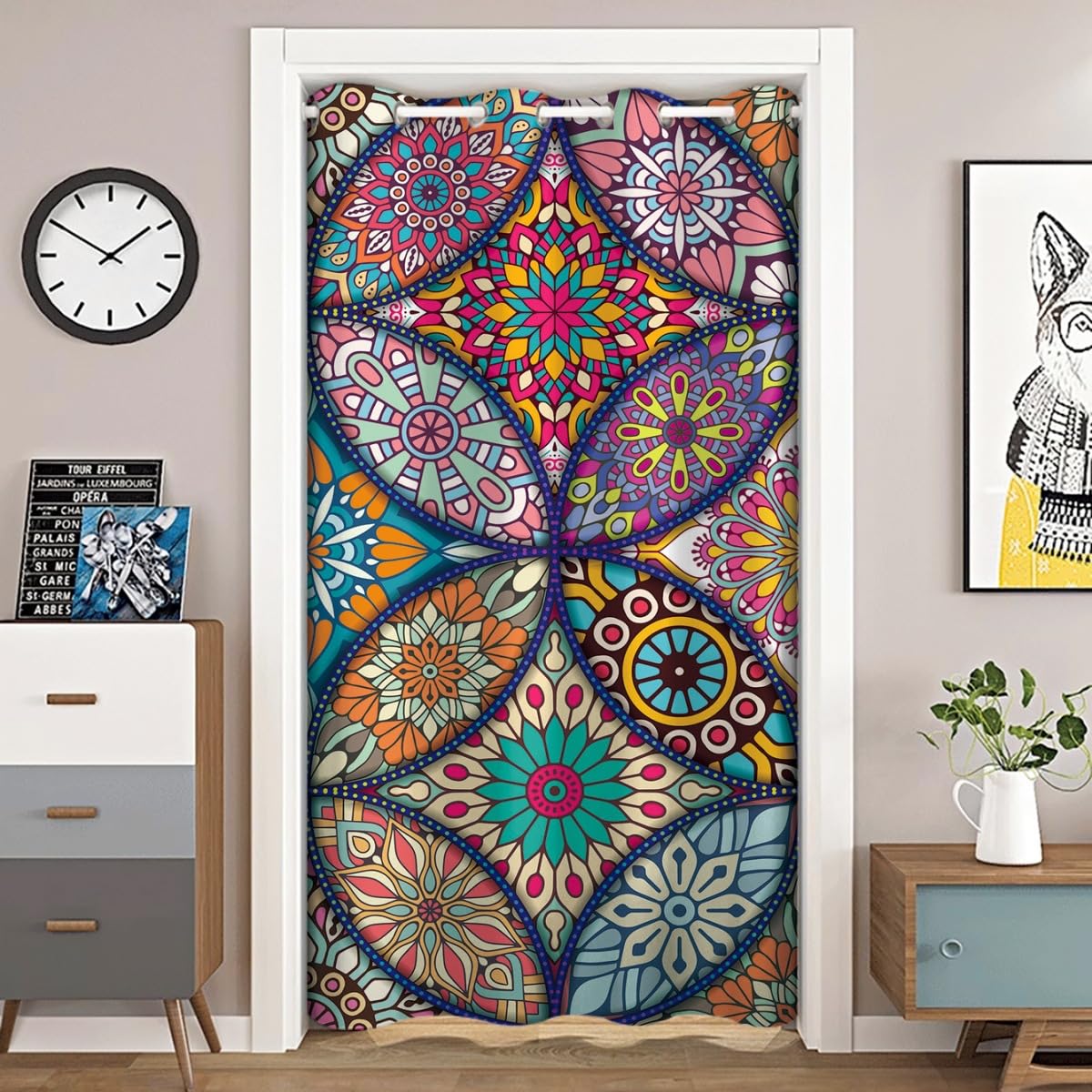 Tenda oscurante per porta, stile mandala, stile bohémien, floreale, in poliestere, decorativa, con tasca per bastone, divisorio per la privacy, per soggiorno, camera da letto e balcone (#2