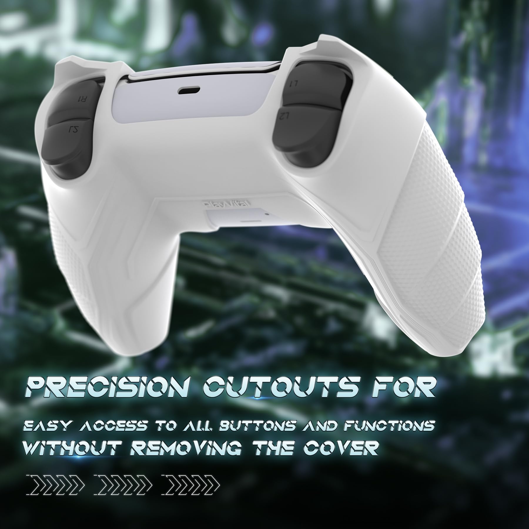 playvital Cover Controller per ps5 Joystick, Compatibile con ps5 Base di Ricarica, Custodia Silicone Antiscivolo Grip Ergonomico per Posizionamento Verticale, Mecha Rhino-Bianco&Lilla