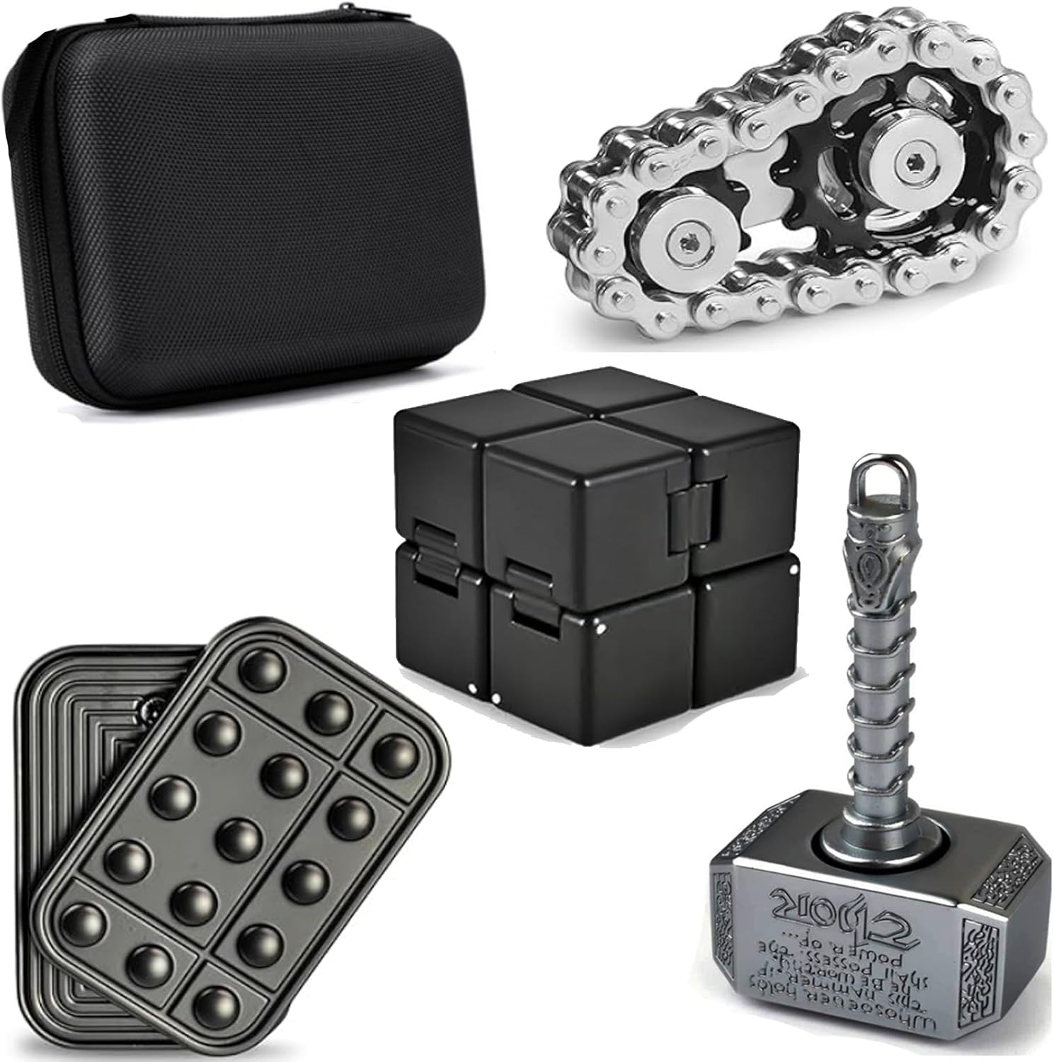 4PCS Fidget Spinner Toy Pack, Finger Chain Fidget Cube Cool Hammer Figette Spin Gyro Sensory Focus Gyro Desk Toy for Adults Teens, 15+