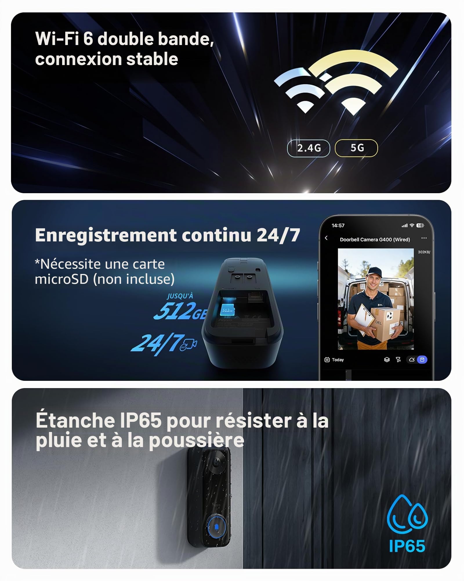 Aqara Sonnette Vidéo G400 avec Carillon, PoE/WiFi, HomeKit Secure Video, Vue Tête-aux-Pieds 2K, Wi-Fi 6 2,4/5 GHz, Compatible avec Alexa/Google/SmartThings, Détection locale, Enregistrement 24/7, IP65