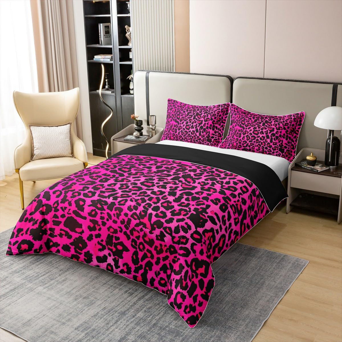 Homemissing Kinder heiße rosa Leopard 100% Baumwolle Bettwäsche Set 135x200cm Tierdruck Betten für Kinder Jungen Mädchen Gepard Bettwäsche-Set leichte Frauen Männer Safari Schlafzimmer Dekor